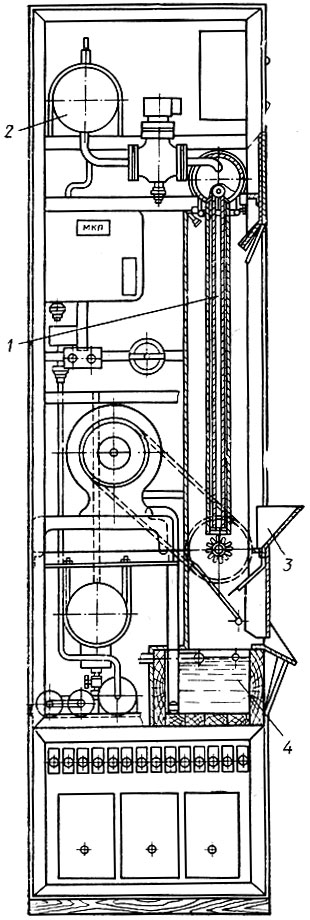 Рис. 24. Льдогенератор Н1-ИЛ5А: 1 - барабан-испаритель; 2 - водяные коллекторы; 3 - фрезы; 4 - водяной резервуар