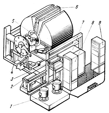 Рис. 47. Роторный морозильный агрегат МАР-8АМ: 1 - насосная станция; 2 - перегружатель; 3 - весовое дозирующее устройство; 4 - поворотное устройство; 5 - вал ротора; 6 - морозильные секции; 7 - загрузочное устройство; 8 - шкаф гидроаппаратуры; 9 - шкаф электроаппаратуры