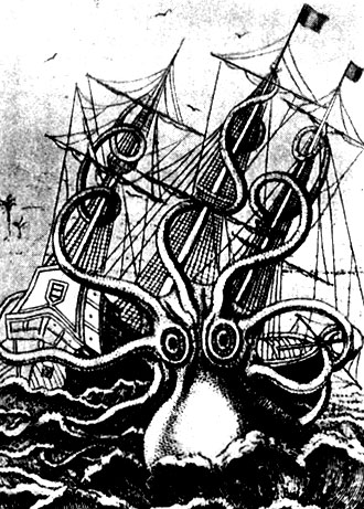Гигантский спрут, гроза древних навигаторов (из книги 'La Мег', Париж, 1953 г.)