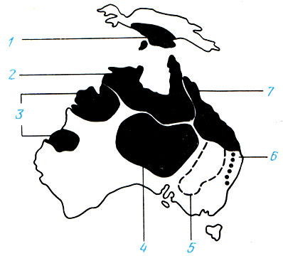 Ареалы: 1 - M. splendida rubrostriata; 2 - M.s.inornata; 3 - M.s.australis; 4 - M.s.tatei ; 5 - M.fluviatilis; 6 -  M.duboulayi; 7 - M.splendida
