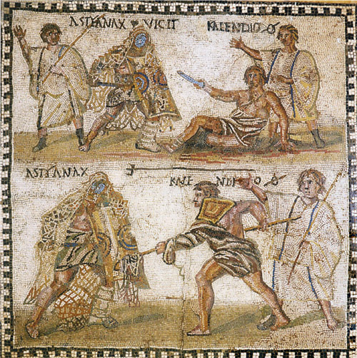 Древнеримская мозаика, на которой изображен ретиарий (4 век до нашей эры): https://en.wikipedia.org/wiki/Fishing_net#/media/File:Astyanax_vs_Kalendio_mosaic.jpg